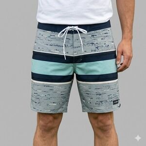 Dakine‎ Striped Stretch Board Shorts Mens Size 38 Grey Blue EUC